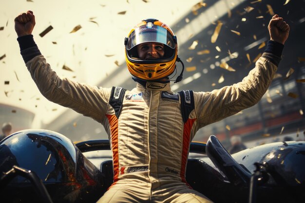 この写真は、最高潮を表すレースカードライバーの勝利の祝賀会を捉えています。