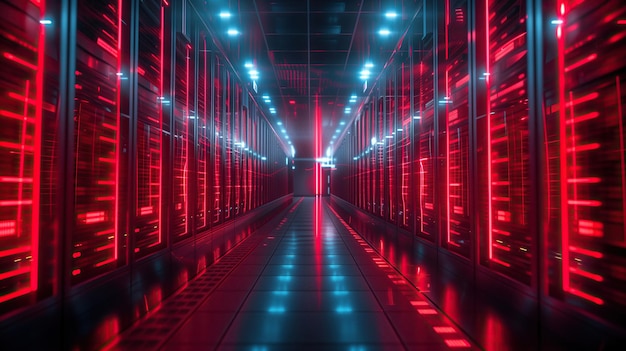 This photograph showcases a futuristic row of servers in a modern data center