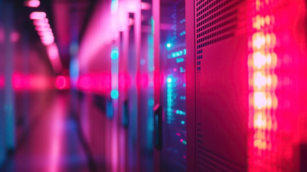 This photograph showcases a futuristic row of servers in a modern data center