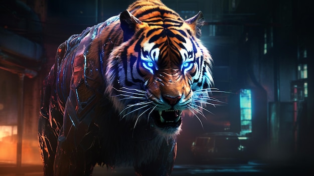 Photo this photorealistic cyberpunk tiger is a powerful