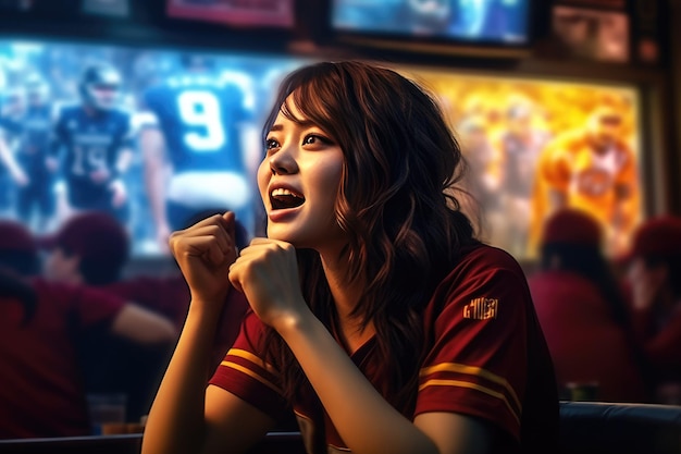 На этом снимке изображена женщина, смотрящая игру в спорт-баре. Она страстно наслаждается игрой.