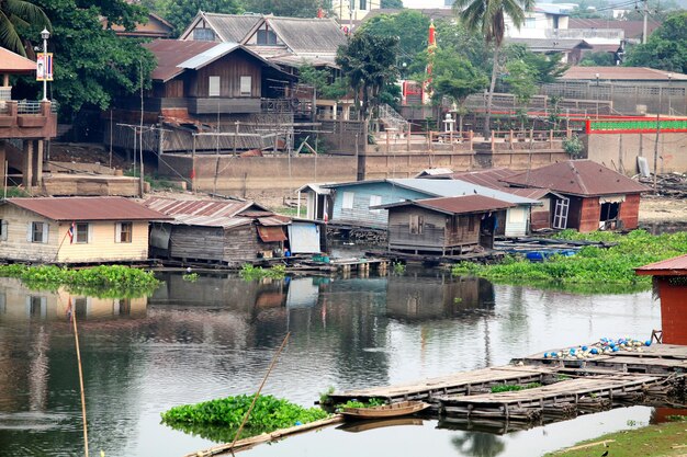 This picture is a riverside house.