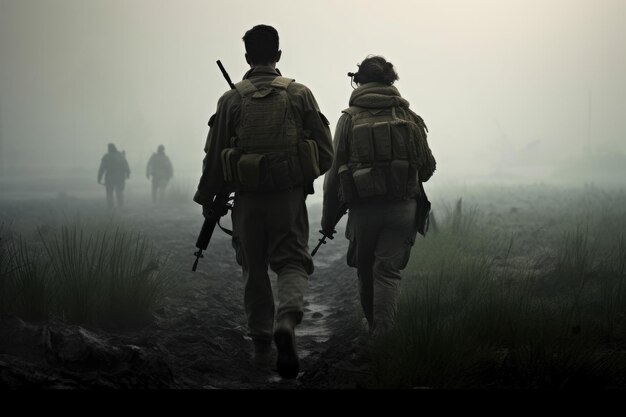 この絵は霧の野原を歩く2人の兵士を描いています