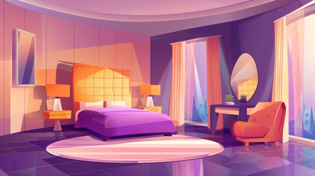 このピンクと紫のベッドルームのインテリアは現代的な家具鏡のベッドアームチェアテーブルそしてクローゼットを備えていますデザインは女性的なもので女の子のホテルスーツやアパートに使用できます (カートゥーン)