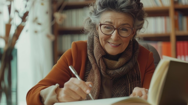 Photo in this portrait we see an elderly woman wearing glasses sitting behind a desk and writing notes in a notebook