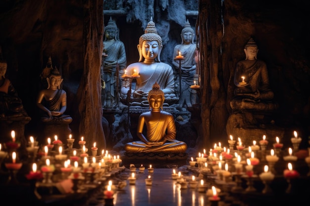 На этом мощном изображении статуя Будды грациозно сидит в позе лотоса, излучая чувство спокойствия и умиротворения Генеративный ИИ