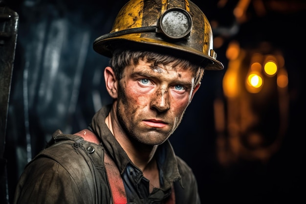 Этот мощный портрет стойкости и силы шахтера в тяжелых условиях его рабочего места Генеративный ИИ