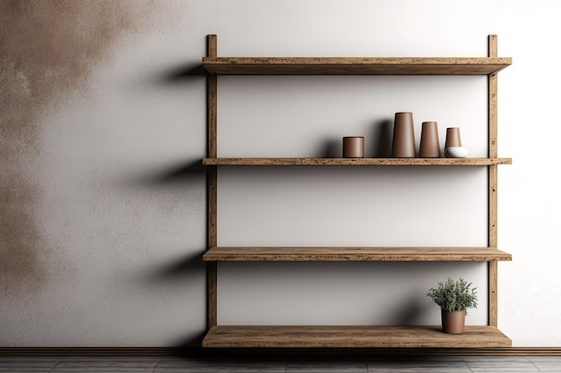 This product mockup uses empty brown wooden shelves on a concrete wall