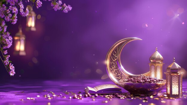 This Ramadan greeting card shows a crescent moon with the Quran next to a bowl of dried dates on a purple background The calligraphy translation is Blessed festival