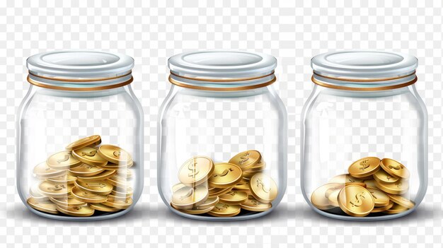 This realistic 3D set of clear acrylic jars with gold coins and a blank label would make a great gift for a pension fund charity or for tipping