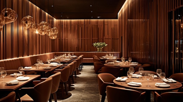 Этот роскошный и современный ресторан с деревянными стенами и кафельным полом Генеративный AI