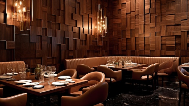 Этот роскошный и современный ресторан с деревянными стенами и кафельным полом Генеративный AI
