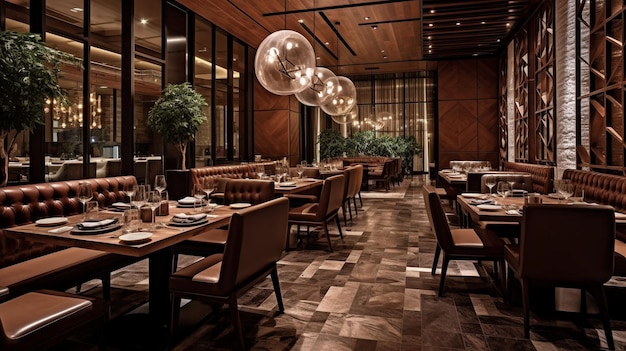 This restaurant is luxurious and modern with wooden walls and tile flooring Generative AI