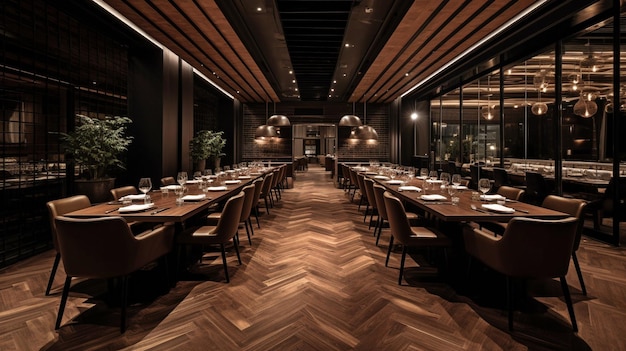 This restaurant is luxurious and modern with wooden walls and tile flooring Generative AI