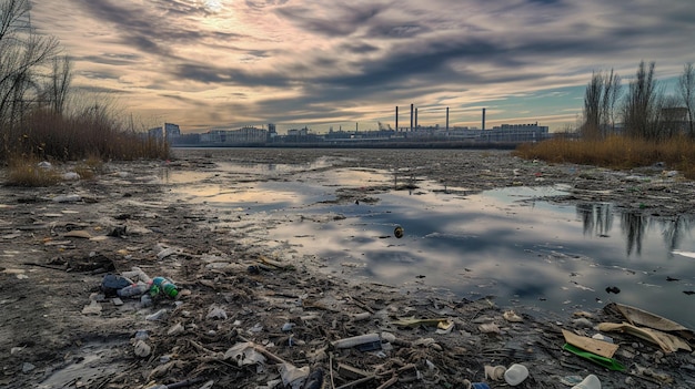 Foto questo fiume è pieno di spazzatura, rifiuti di fabbrica e vegetazione sterile.