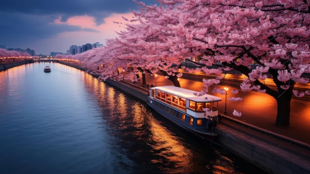 This scene is viewed from a high angle looking down on a large cherry blossom tree The river is fi