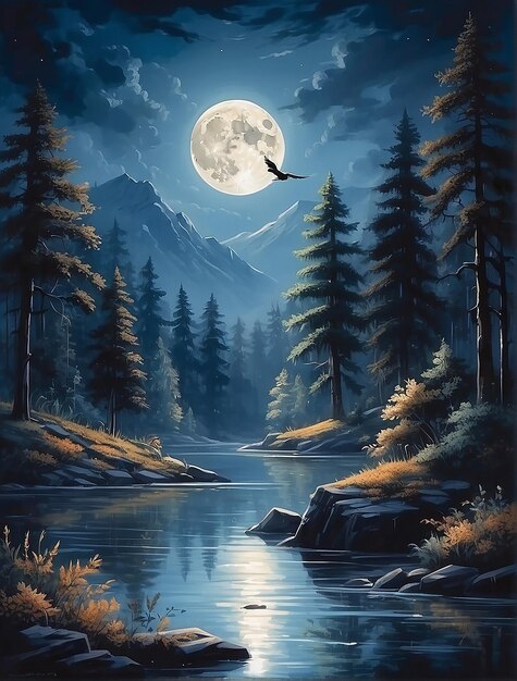 In this scene of tranquil might natures wonders take their flight the night in hues of darkness and moonlight