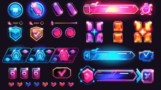 Photo in this sci fi game design set you will find buttons frames menus and assets for the user interface a modern cartoon set of futuristic game ui elements can be found here as well as bars of