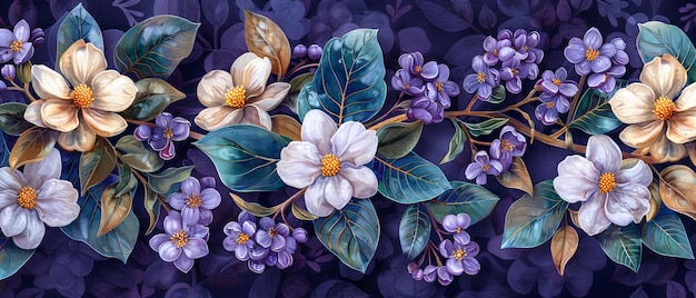 This seamless pattern features a floral motif on a purple background It features a garden white a lilac flower a leaf and a eucalyptus plant Botanic tile