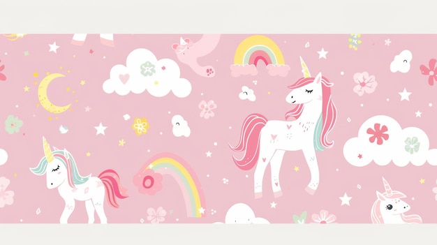 In this seamless pattern unicorns rainbows clouds stars and clover for good luck stand out against a pink color background