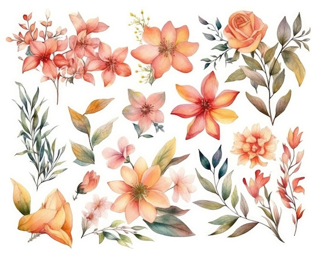 This set includes watercolor floral designs for various crafts Generative AI