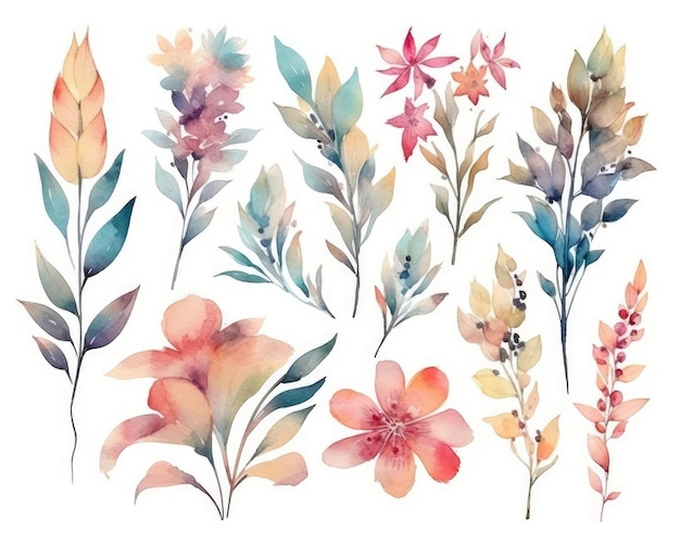 This set includes watercolor floral designs for various crafts Generative AI