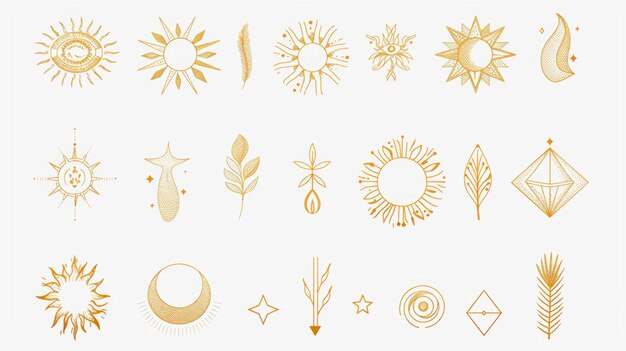 This set of linear boho icons and symbols can be used as templates for sun logo designs and prints or as abstract elements for decoration in a minimalist style