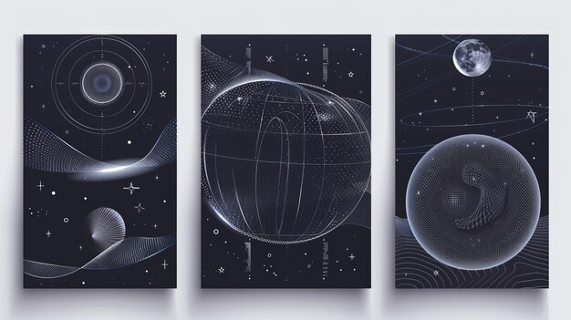 This set of retro futuristic flyers features wireframe torus globe black star line flower signs decoration and retrowave aesthetic banners