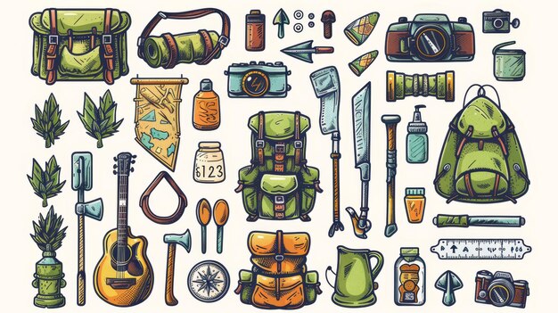 Photo in this set of sketch symbols we see camping gear such as a backpack axe a guitar a map a compass and a compass compass