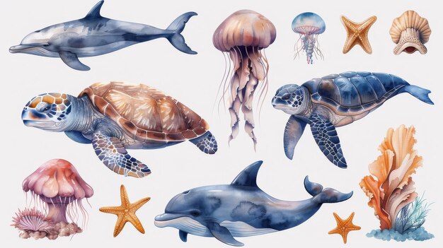 Photo in this set you will find fish turtles whales dolphins jellyfish starfish in a watercolor style isolated generative ai program