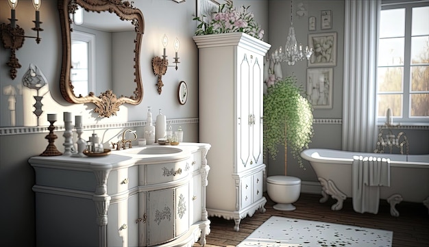 This Shabby Chic bathroom features vintage elements such as a clawfoot bathtub distressed wooden vanity Generated by AI