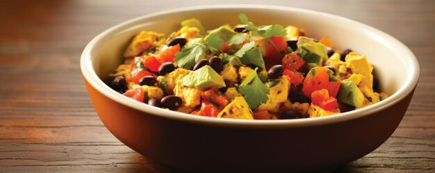 このショットでは黒豆のジャラペオスとコラントロのタッチで構成された視覚的に魅力的なトーフースクランブルを強調しこのクラシックな朝食料理にメキシコのインスピレーションを得たツイストを提供しています