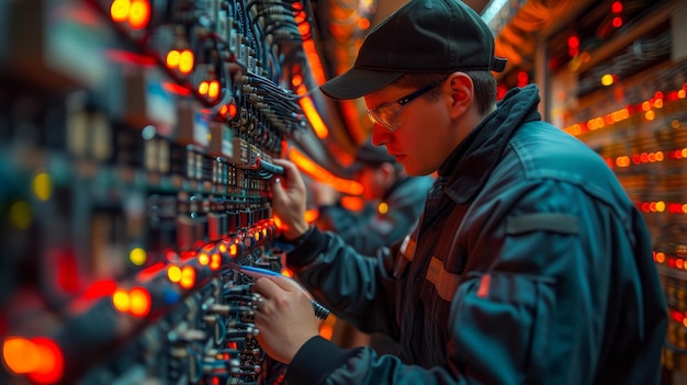 In this shot two technicians are working together in a server room They are the experts on networking