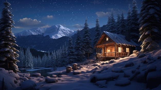 This small log cabin is snow covered at night copy space