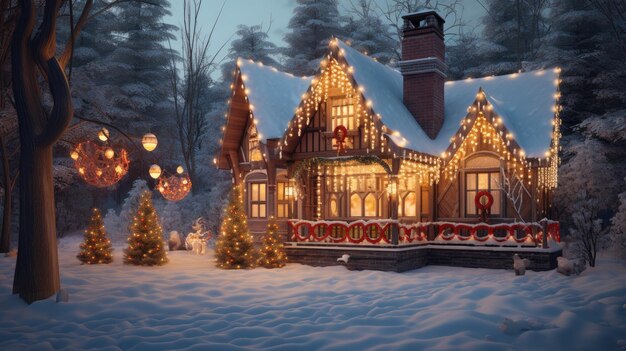 This small log cabin is snow covered at night