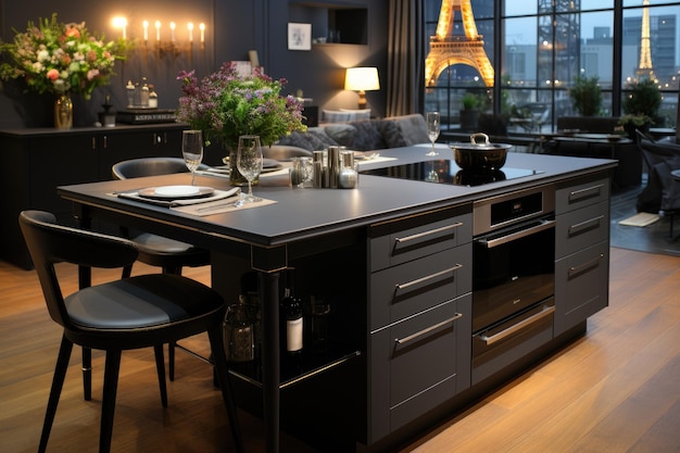 This small Parisian style kitchen island has a dining area professional advertising photography