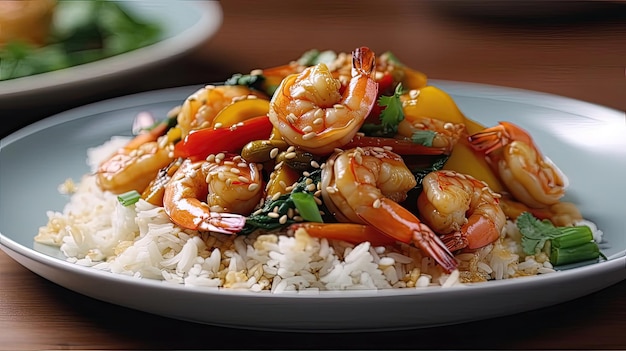 This spicy shrimp stirfry is the perfect way to satisfy your cravings for something bold and flavorful Generated by AI