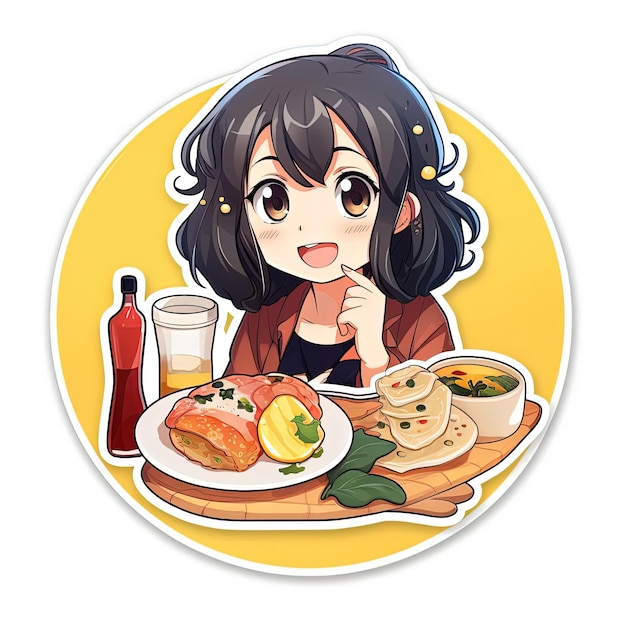 this sticker has an otg character with food on her plate in the style of ocean academia