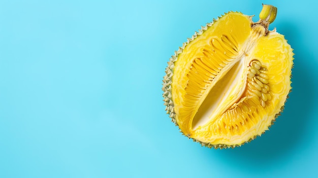 Photo this stock image is of a yellow tropical fruit cut in half isolated on a blue background