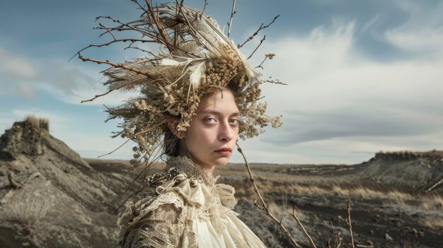 In this striking portrait a woman stands in front of a barren landscape her outfit a symbol of