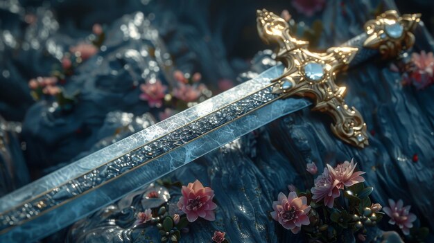 This stunning fantasy sword is an illustration created with 3D digital software