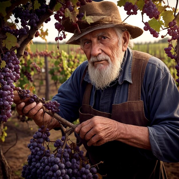 In this stunning highquality photo an old farmer can be seen tending to his beloved grape vines