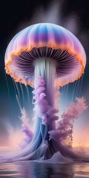 This stunning jellyfish we are presented with a captivating view of pastel colored powder exploding