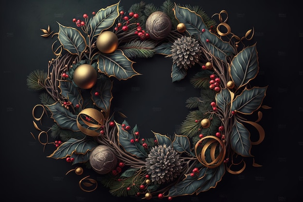 This stunning wreath is made up of a variety of evergreen branches adorned with vibrant red Generated by AI