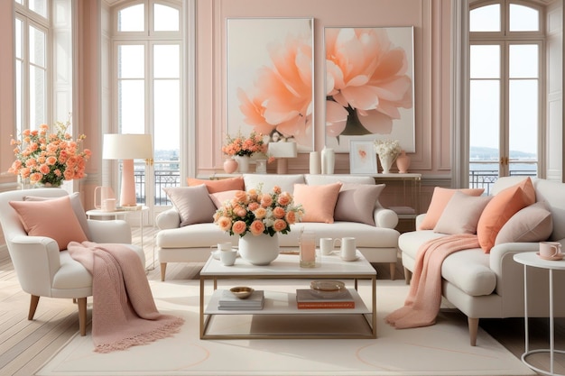 В этой стильной гостиной модная персиковая цветовая схема добавляет тепла и уют