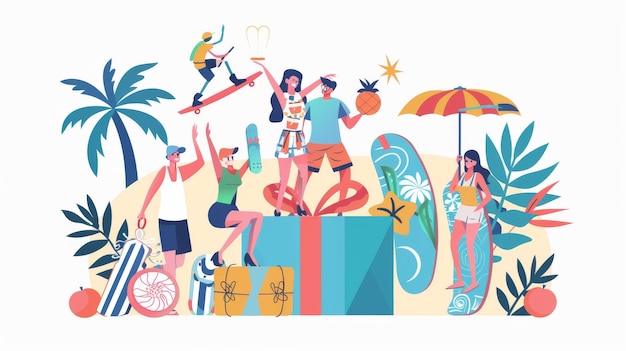 Photo this summer event concept promotional banner depicts people giving gifts through spinboarding events it39s a minimal modern illustration in the flat design style