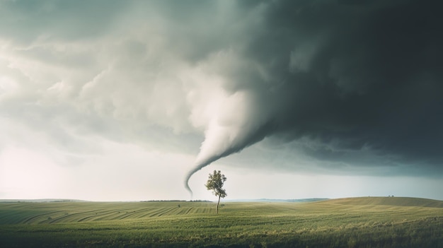 Photo this surreal image depicts a lone tree against the powerful backdrop of an approaching