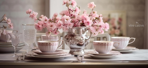 this table is set with pink flowers and votive candle holders in the style of softfocused realism