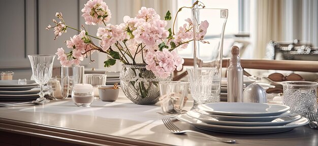 this table is set with pink flowers and votive candle holders in the style of softfocused realism