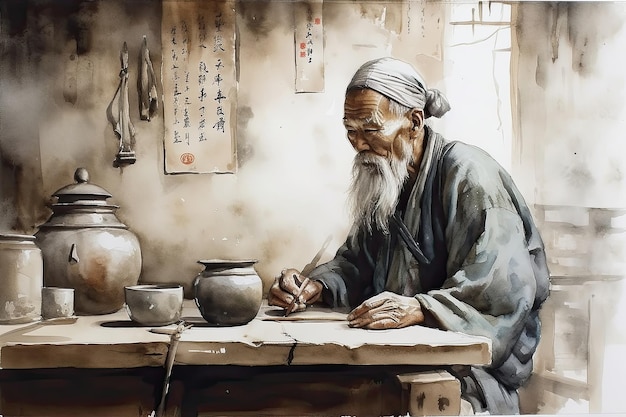 この伝統的な中国の水墨画は、茶道を行う中国人の老人を描いています。中国の伝統的な絵画のスタイルで墨を使用して作成されています。生成 AI を使用して生成されています。